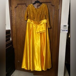 Long dress yellow gold sequin top satin look bottom